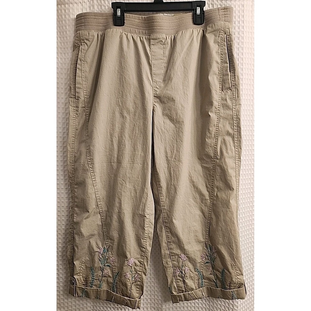 NEW CHICO'S‎  Sz 2R=12 Large Cropped Khaki Pants Embroidered Hem  Pull-On